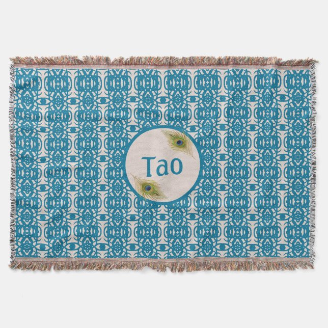 Turquoise pattern & peacock feathers on beige Tao Throw Blanket (Front)