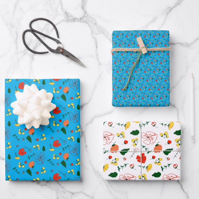 Turquoise pattern  red wildflowers wrapping paper (Front)