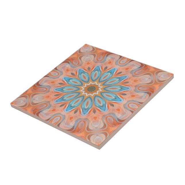 Turquoise Peach Orange Red Mandala Sun Pattern Tile (Side)