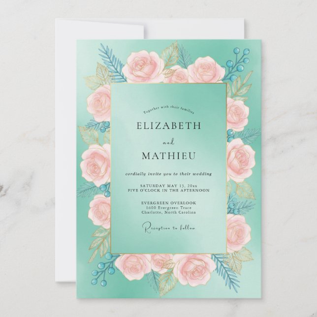 Turquoise Peach Petal Wedding Invitation (Front)