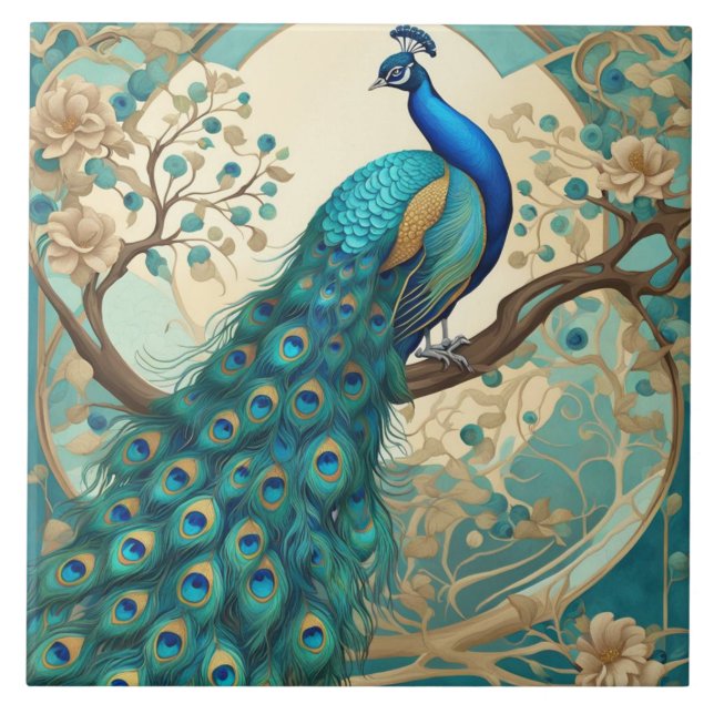 Turquoise Peacock Bird Art Nouveau Art Deco Ceramic Tile (Front)