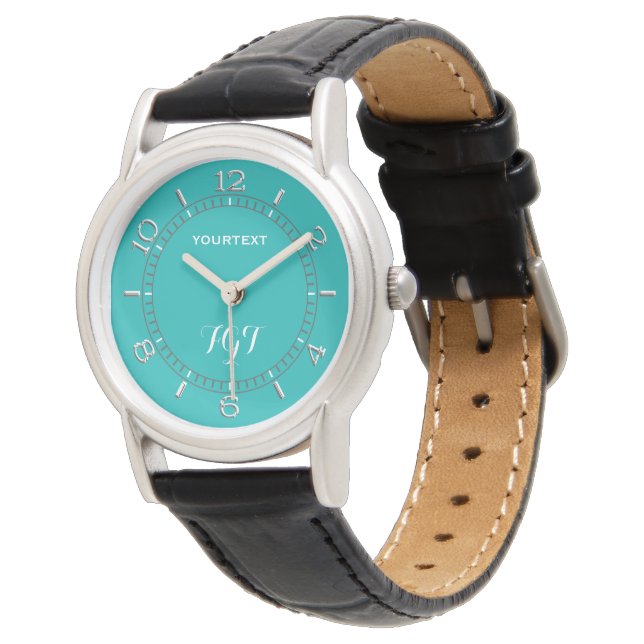 Turquoise Peacock Decor Personalised Monogram Watch (Angled)
