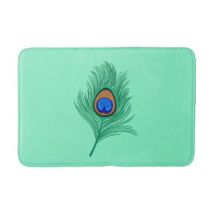 Turquoise Peacock Feather on Light Aqua Bath Mat