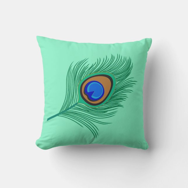 Turquoise Peacock Feather on Light Aqua Cushion (Front)