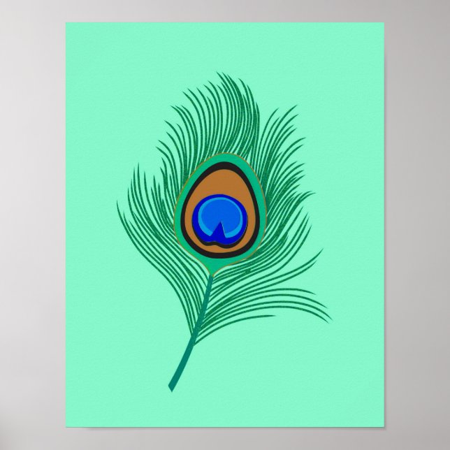 Turquoise Peacock Feather on Light Aqua Poster (Front)