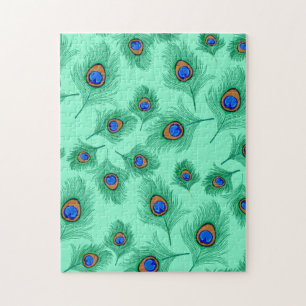 Turquoise Peacock Feathers on Light Aqua Jigsaw Puzzle