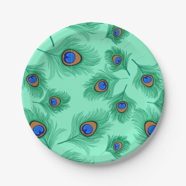 Turquoise Peacock Feathers on Light Aqua Paper Plate (Front)