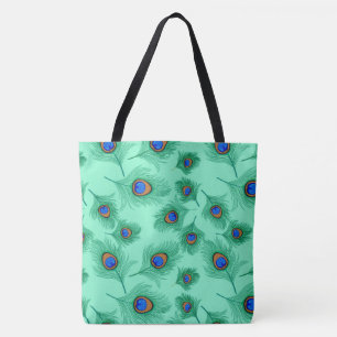 Turquoise Peacock Feathers on Light Aqua Tote Bag