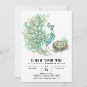 Turquoise Peacock Watercolor Birthday Invitation