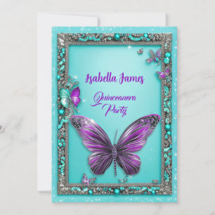 turquoise pearl purple Butterfly modern girly chic Invitation