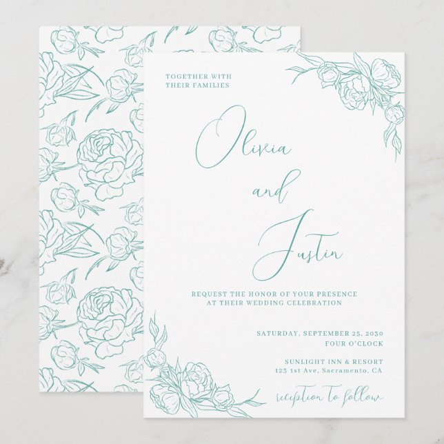Turquoise Peony Elegance Wedding Invitation (Front/Back)