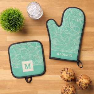 Turquoise Peony Pattern Oven Mitt & Pot Holder Set
