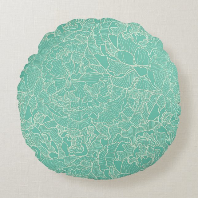 Turquoise Peony Pattern Round Cushion (Front)