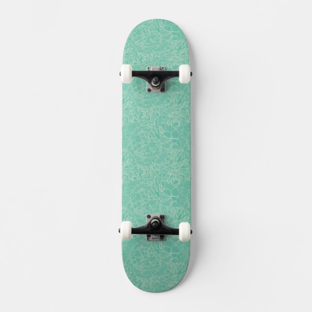 Turquoise Peony Pattern Skateboard (Front)