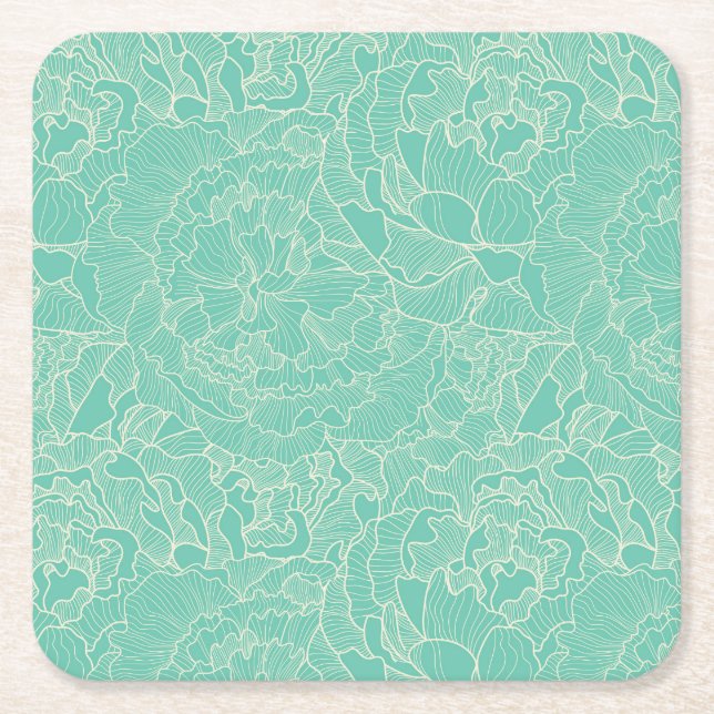 Turquoise Peony Pattern Square Paper Coaster (Front)