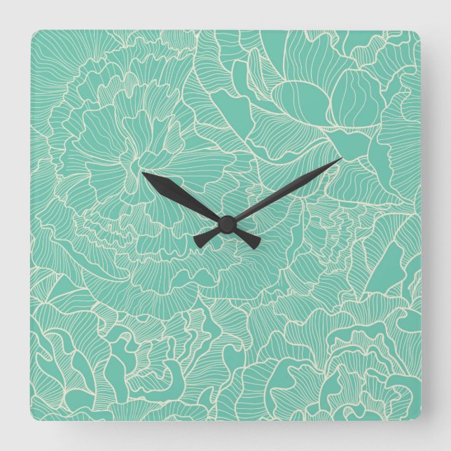 Turquoise Peony Pattern Square Wall Clock (Front)