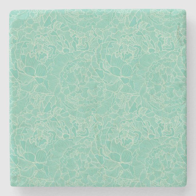 Turquoise Peony Pattern Stone Coaster (Front)