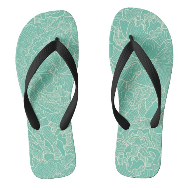 Turquoise Peony Pattern Thongs (Footbed)