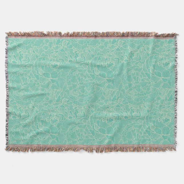 Turquoise Peony Pattern Throw Blanket (Front)