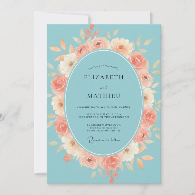 Turquoise Peony Wreath Wedding Invitation (Front)