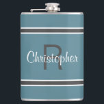 Turquoise Personalised Monogram Name Initial Drink Hip Flask<br><div class="desc">Single Initial & Name Monogrammed stainless steel flasks are timeless, classic and stylish. Our Unique design is the perfect personalised gift for that special occasion. Shop our integrated collection of coordinating colours and golf - sports accessories. Custom personal monogrammed initial and name combination is added to a turquoise and grey...</div>