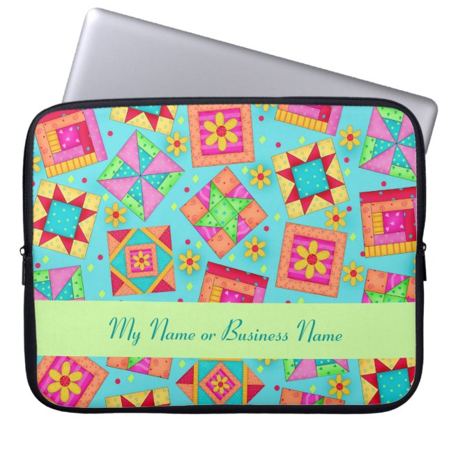 Turquoise Personalizable Quilt Block Laptop Sleeve (Front)