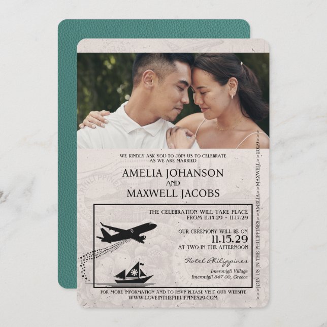 Turquoise Philippines Passport Wedding Invitation (Front/Back)