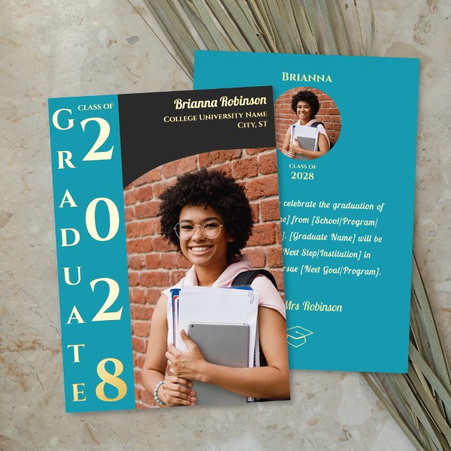 Turquoise Photo Graduation Gold Foil Announcement (Creator Uploaded)