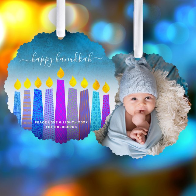 Turquoise Photo Hanukkah Menorah Candles Modern Tree Decoration Card (Creator Uploaded)