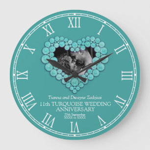 Turquoise photo heart 11th wedding anniversary large clock