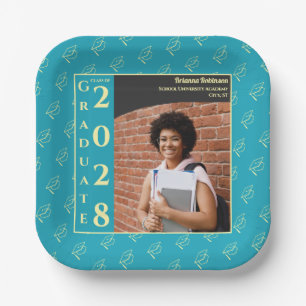 Turquoise Photo Modern Graduation Cap Party Paper Plate