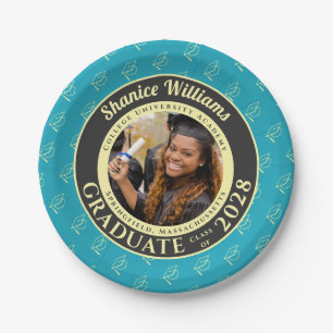 Turquoise Photo Modern Graduation Party Paper Plate