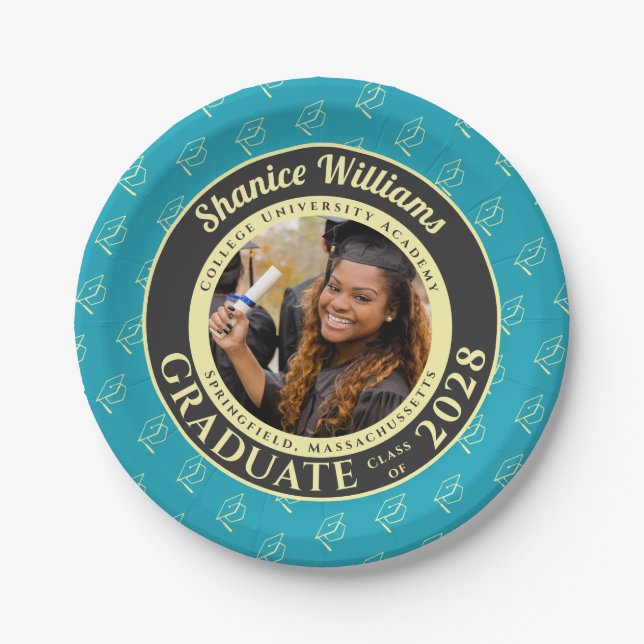 Turquoise Photo Modern Graduation Party Paper Plate (Front)
