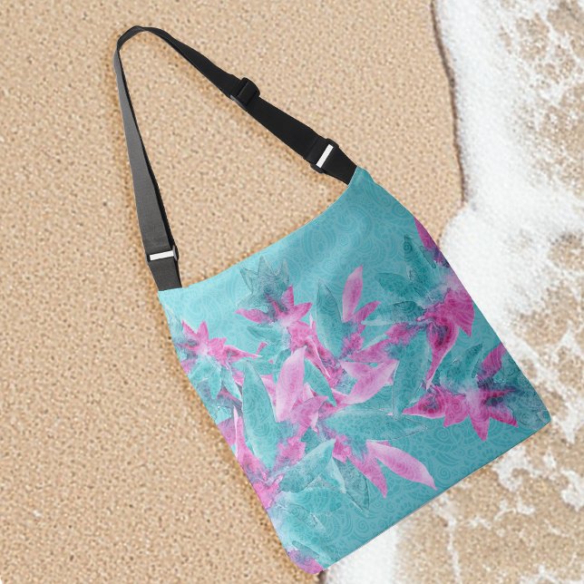 Turquoise Pink Abstract Hawaiian Flowers Crossbody Bag (Creator Uploaded)