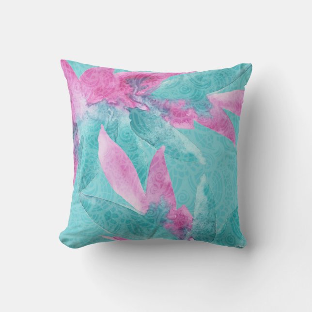 Turquoise Pink Abstract Hawaiian Flowers Cushion (Front)