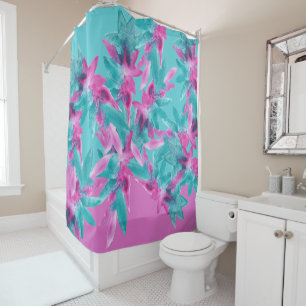 Turquoise Pink Abstract Hawaiian Flowers Shower Curtain