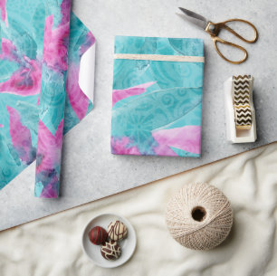 Turquoise Pink Abstract Hawaiian Flowers Wrapping Paper