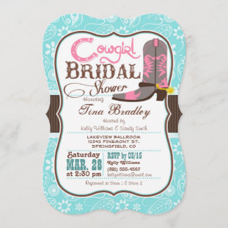 Turquoise, Pink, and Brown Cowgirl Bridal Shower Invitation