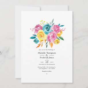 Turquoise, Pink and Yellow Floral Wedding  Invitation