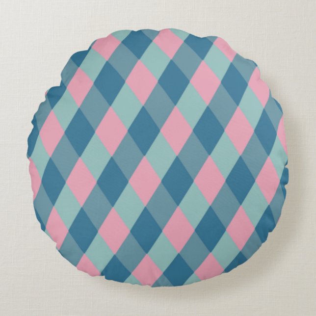 Turquoise & pink Argyle Pattern Round Cushion (Front)