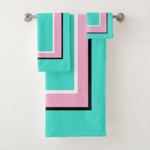 Turquoise Pink Black Block Pattern Bath Towel Set