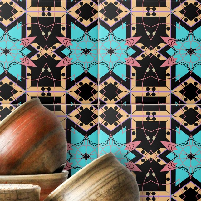 Turquoise Pink Black Mosaic Geometric Pattern Ceramic Tile (Creator Uploaded)