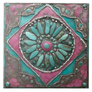 Turquoise & Pink Boho Mosaic Mandala Artwork Ceramic Tile