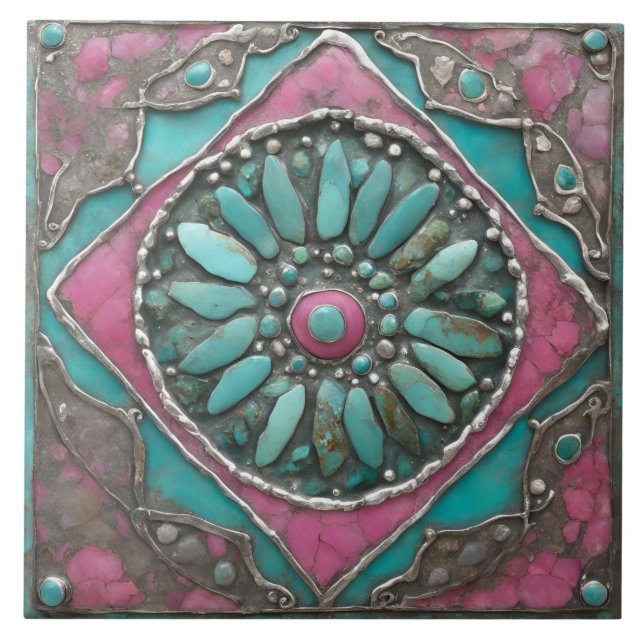 Turquoise & Pink Boho Mosaic Mandala Artwork Ceramic Tile (Front)