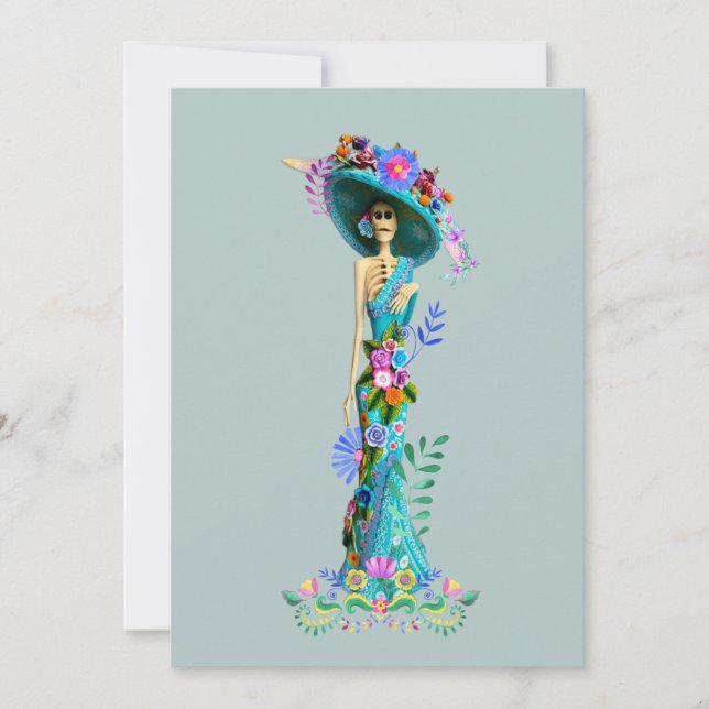 Turquoise & Pink Day of the Dead Elegant Catrina Holiday Card (Front)