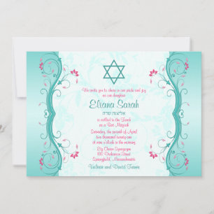 Turquoise Pink Floral Bat Mitzvah Invitation