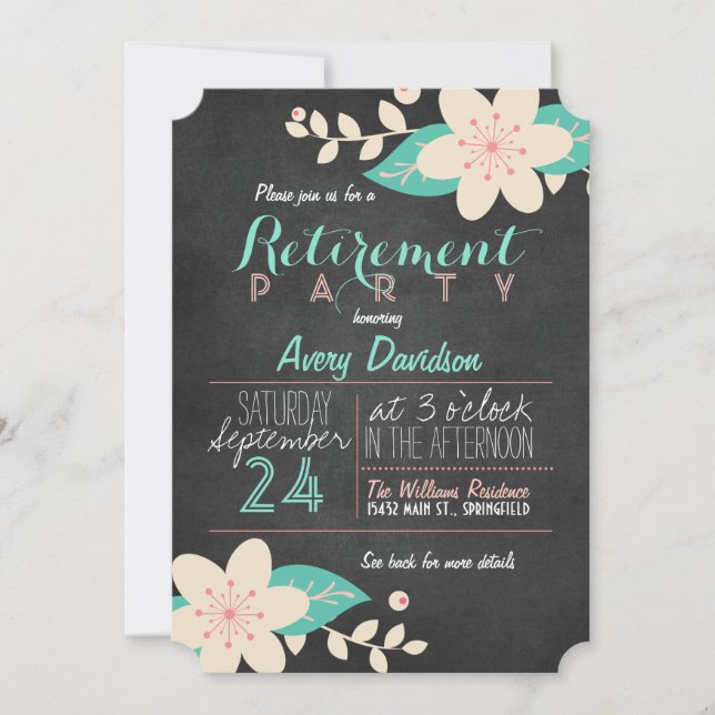 Turquoise Pink Floral Chalkboard Retirement Party Invitation (Front)