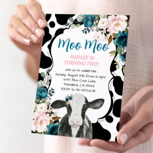 Turquoise Pink Floral Cow Farm Birthday Invitation