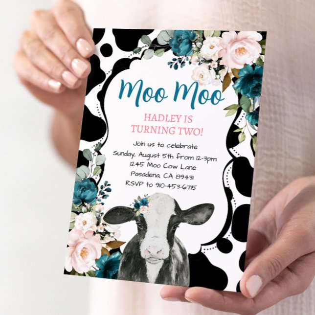 Turquoise Pink Floral Cow Farm Birthday Invitation (Creator Uploaded)