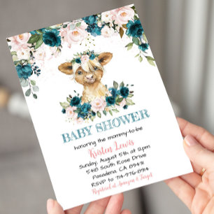 Turquoise & Pink Floral Highland Cow Baby Shower Invitation